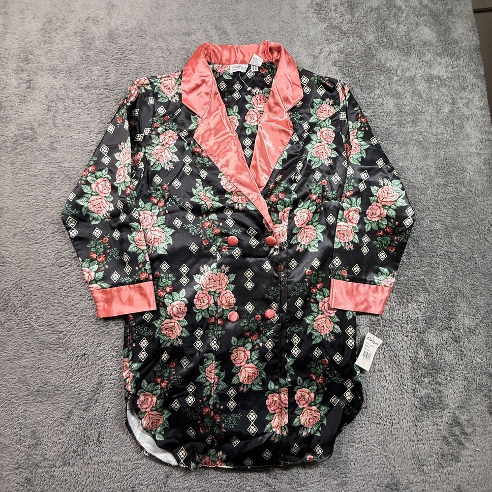Kathryn Womens S Satin Robe NWT Black Pink Floral Print Long Sleeve Sleepwear